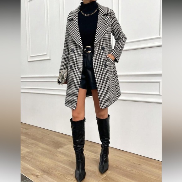 Houndstooth Tweed Double Breast Button Trench - Picture 5 of 5